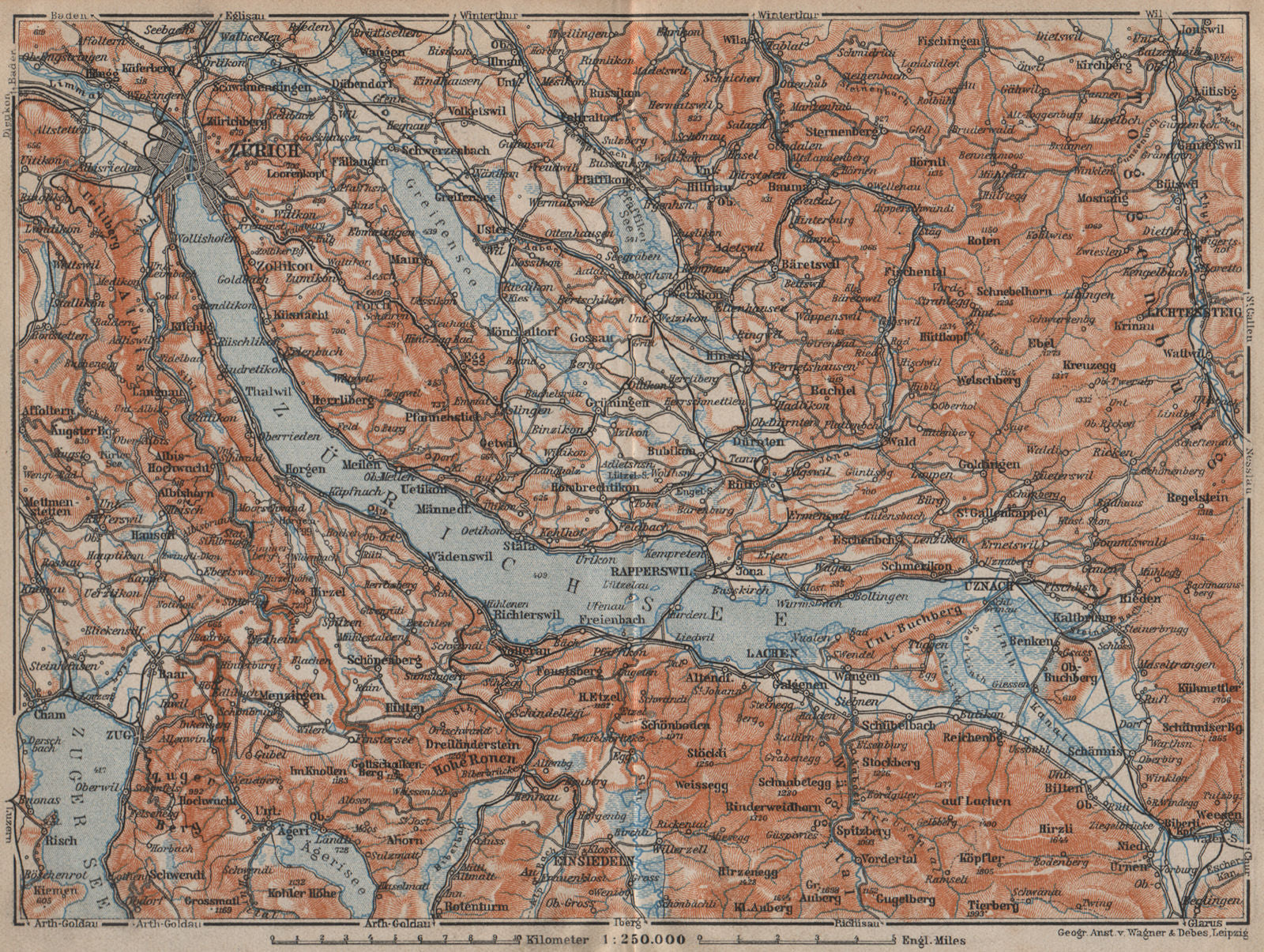 LAKE ZÜRICH. Zuricher See Lachen Utznach.Topo-map. Switzerland Schweiz 1913